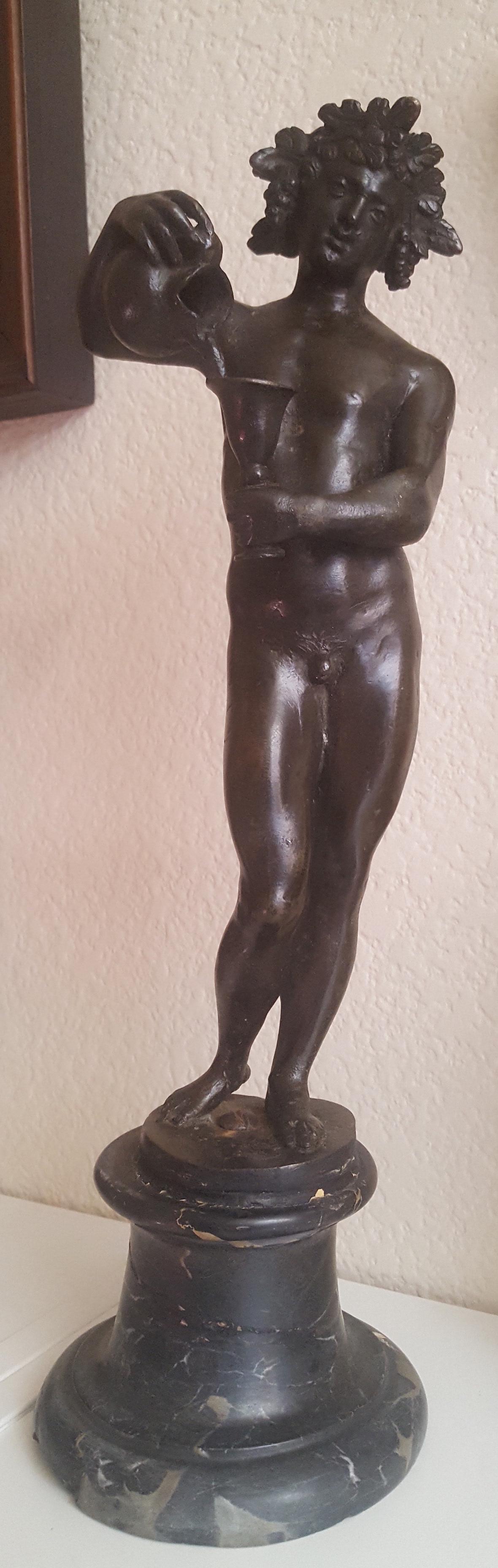 Antique Baroque Bronze Sculpture 17th century Bacchus: Artist: European School 17th century Title: Bacchus Medium: Bronze on marble base Size: Â 16 1/2” inches tall approx. Date: 17th century