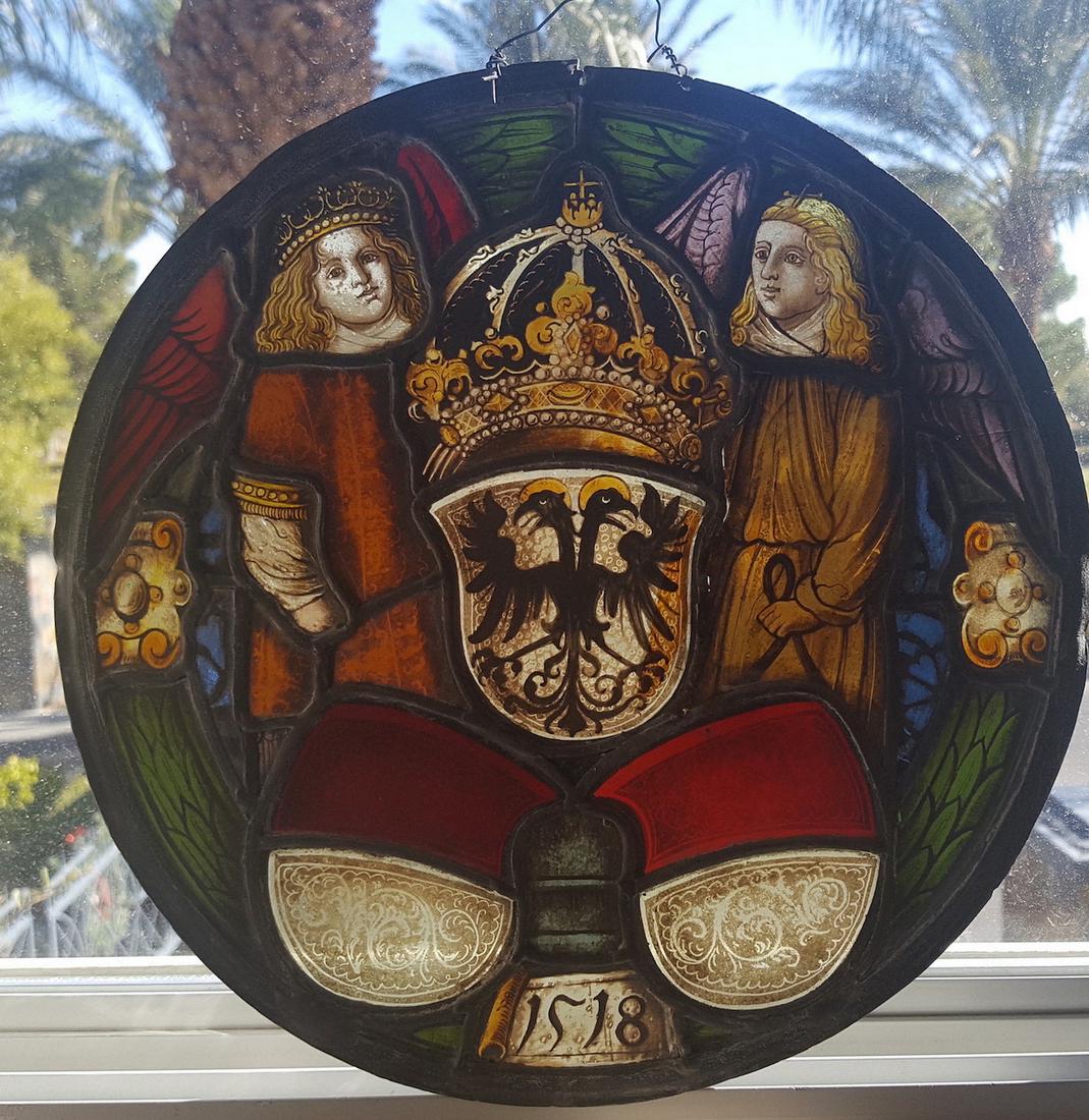 German Renaissance Antique Stained Glass Armorial: Artist: Antique Stained Glass Rondel Swiss/GermanTitle: (Armorial Rondel bearing date of 1518 at base)Medium: Stained glassSize: 11” inches diameterCondition: A few loose elements, otherwise appears