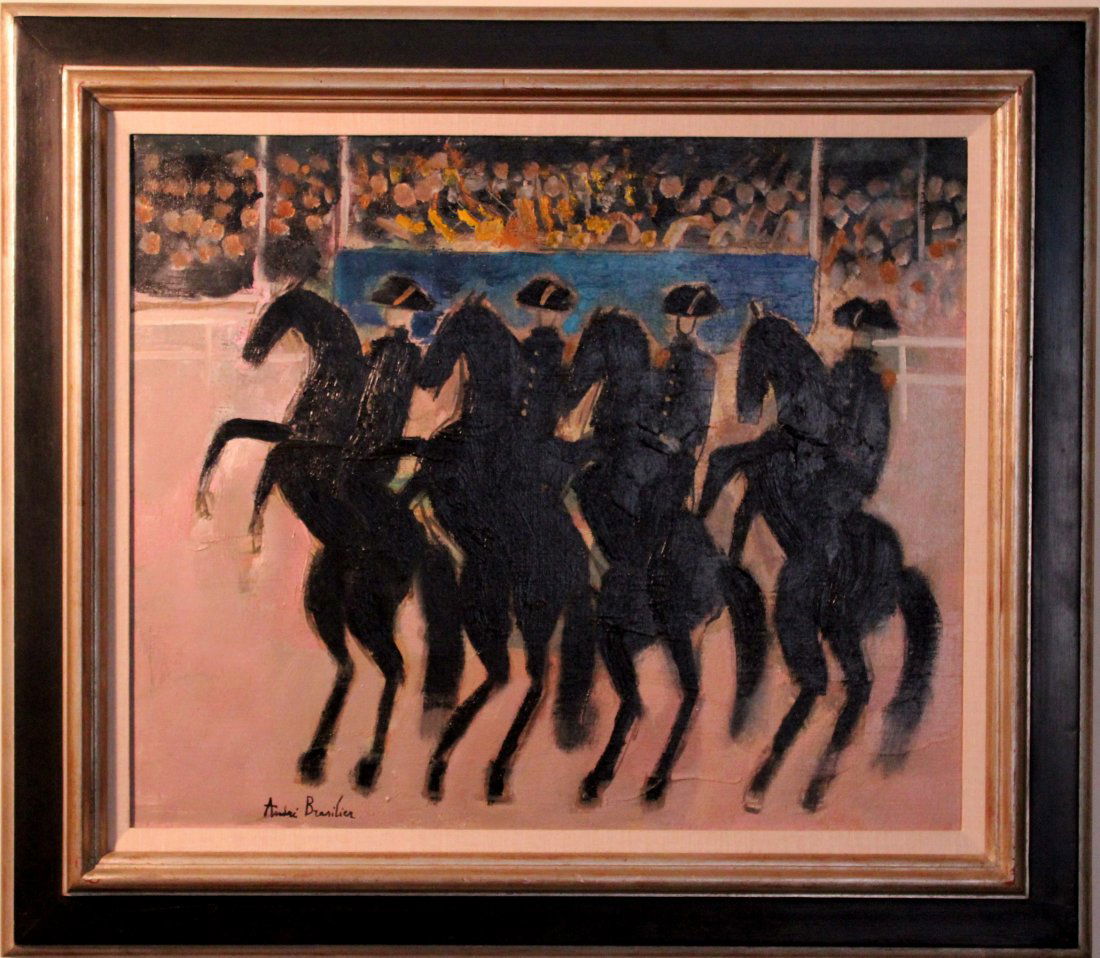 Andre Brasilier oil on canvas "Cadre Noir": Title: Cadre Noir Medium: Oil on Canvas Size: 21.25" x 25.50" (53.98cm x 64.77cm) Date: 1963 Provenance: Christie’s New York - March 10, 2010 Sara Lee Corporation Nathan Cummings, Chicago. Notes: Xa