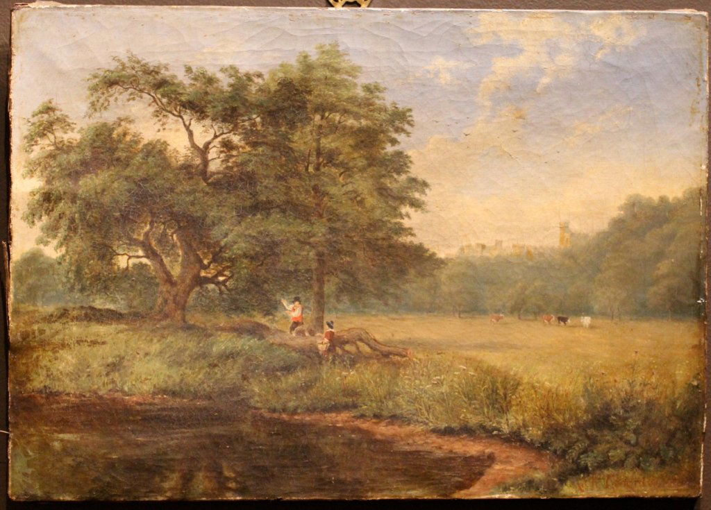 British School 18th Century Landscape: British School 18th century Artist: Signed illegible Title: Untitled Landscape with cows and castle in background Medium: oil on canvas 13 1/2 x 19” approximate Keywords: John Constable