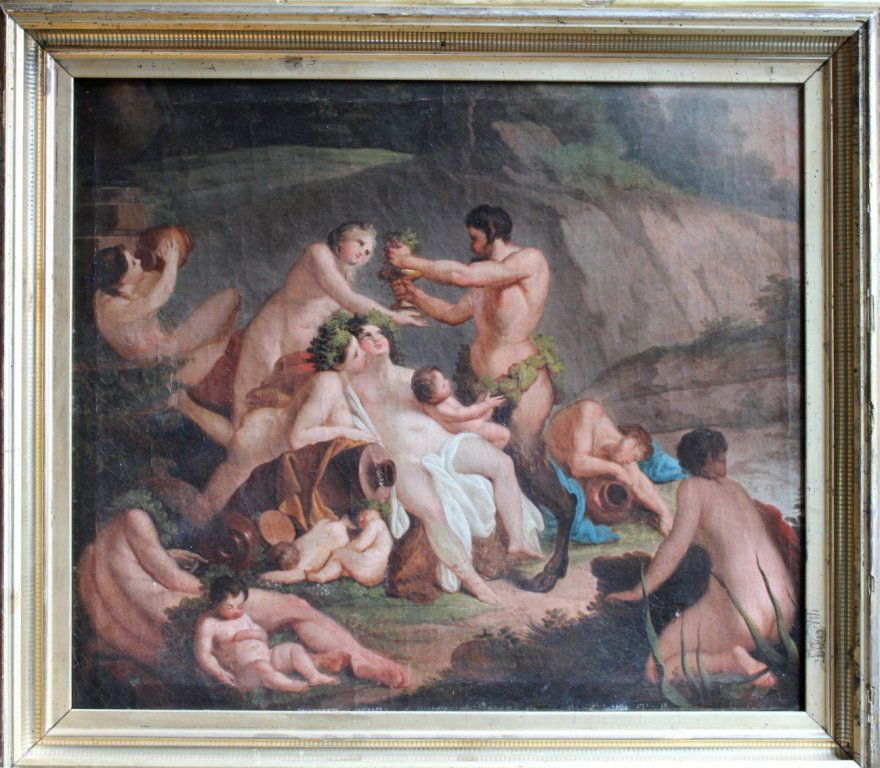 Charles Joseph Natoire attr. Old Master Painting: Artist: Charles Joseph Natoire (attributed to) Title: Untitled (Baccanale) Medium: Oil on Canvas Size: Approx. 40.6 x 50.8 centimeters 16" x 20" inches Date: 17th century p Keywords: French, Boucher,