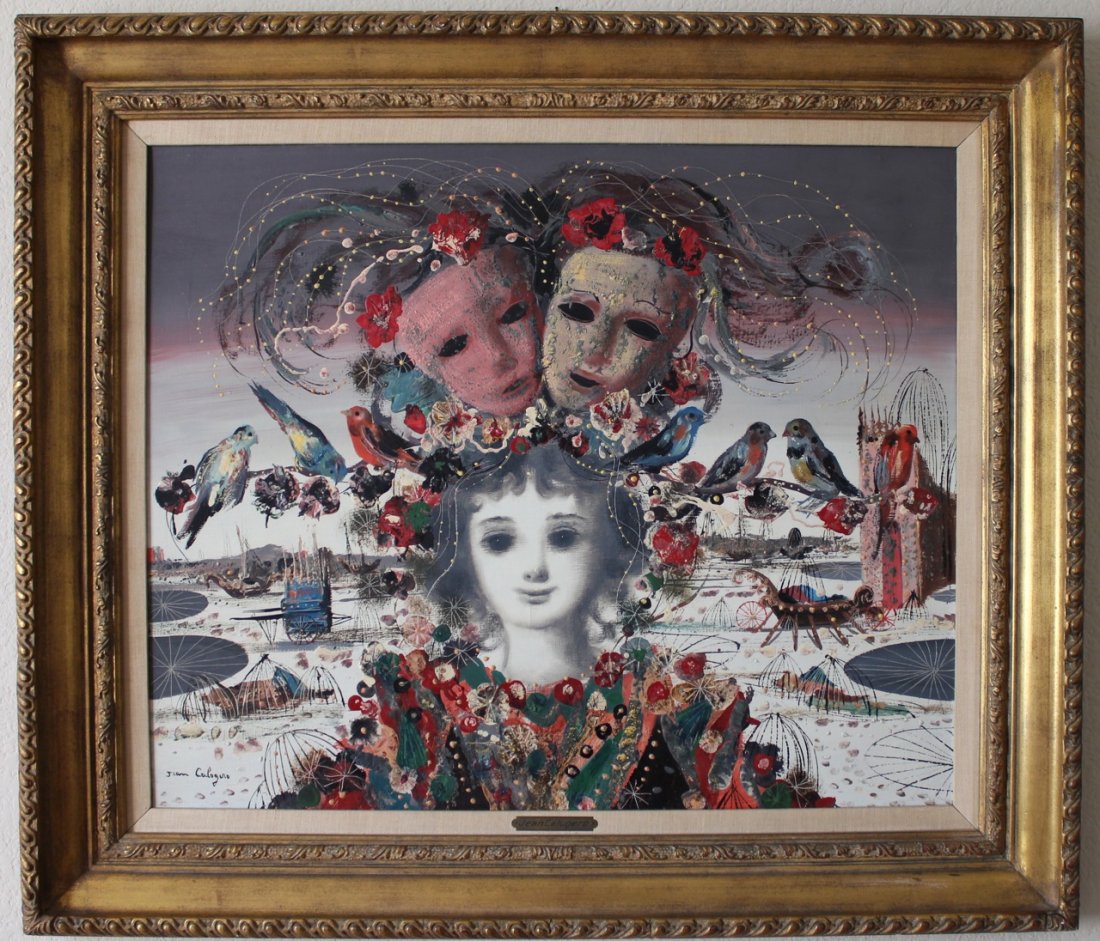 Jean Calogero Italian surrealist painting: Artist: Jean Calogero Title: Untitled (Surrealist scene) Medium: Oil on Canvas Size: 24" x 30" Approximate Date: 1958 Circa Provenance: Beverly Hills, CA estate Stephen Silagy Galleries, Beverly Hills