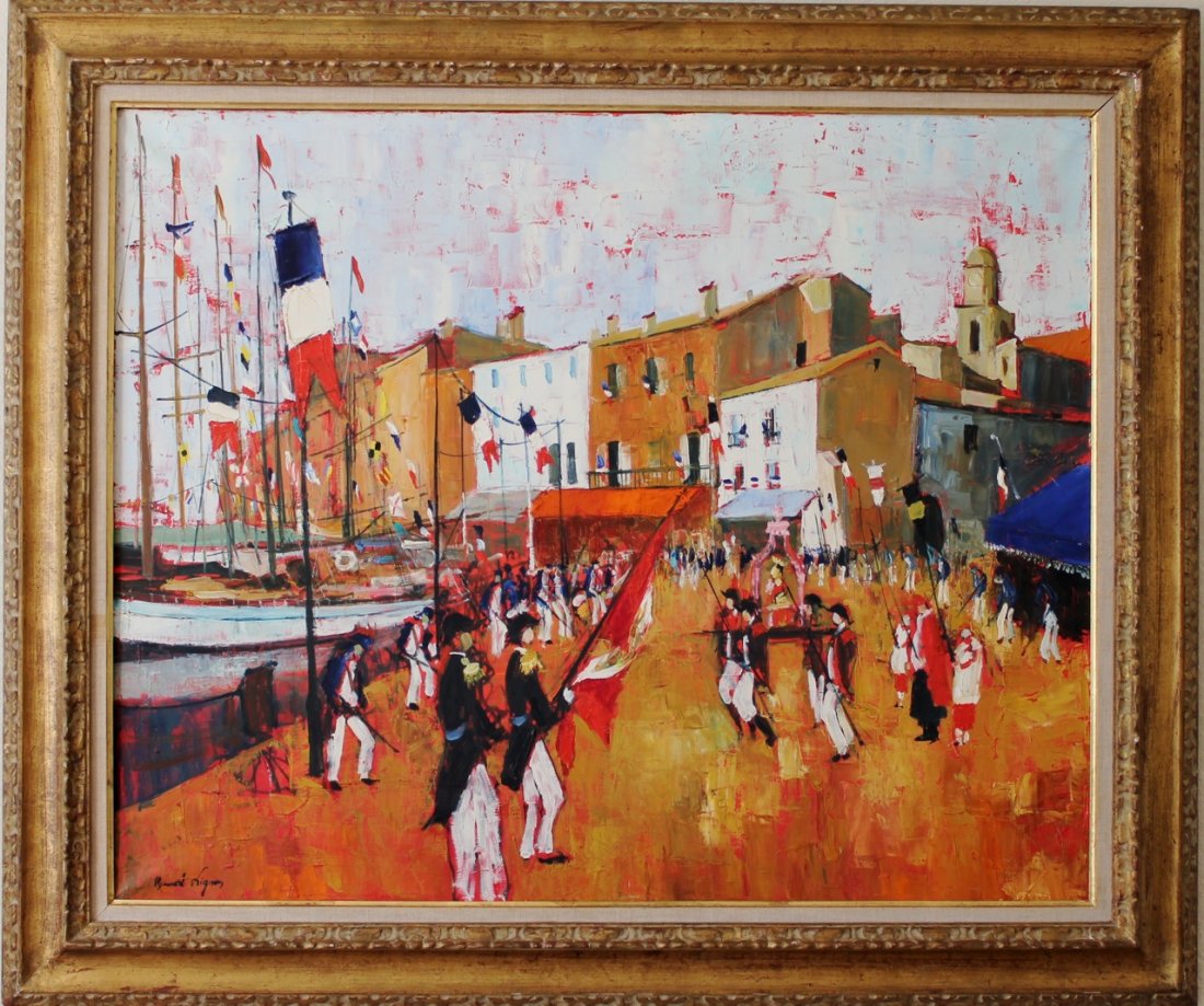 Bernard Lignon French Mid-century modern painting: Artist: Bernard Lignon Title: "Le Joutes a St. Tropez" Medium: Oil on Canvas Size: 32" x 39" Date: 1960 Circa French 1928 - Artists Highlights: French post-war modern painter Nice decorative St. Trope