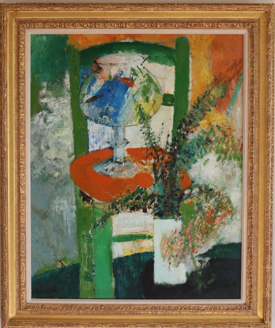 Guy Bardone oil on canvas: Artist: Guy Bardone Title: Le bocal sur la chaise Size: 32" x 26" (81.28cm x 65.41cm) Medium: Oil on Canvas Date: circa 1960's Provenance: Christies New York, March 1, 2011 David Findlay Galleries, Ne