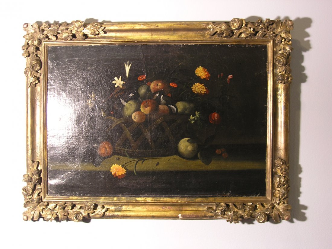 Old Master Francisco de Zurbaran circle: Artist: Francisco de Zurbaran (1598 â€“ August 27, 1664), circle of Medium: oil on canvas Title: untitled (still life with flowers and fruit) Size: 26" x 38" inches approximate canvas size Date: 
