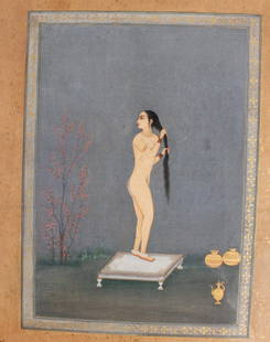 Mughal Indian Miniature nude: Artist: Title: (nude) Medium: mided media on paper Size: Approx. 9" x 11" sheet size Date: ?? Not examined out of frame. FABULOUS QUALITY!