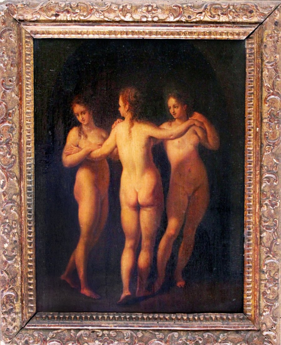 Old Master Baroque Nude Painting: Artist: Continental School, 17th century Title: Three Graces Medium: Oil on wood panel Size: 21" x 26" Approximate Date: 17th century VV