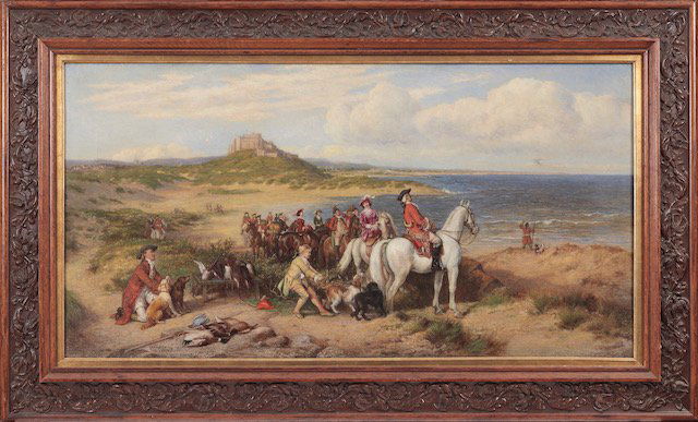 Henry Hetherington Emmerson (1831-1895) British: Artist: Henry Hetherington Emmerson (1831-1895) Title: An elegant hunting party near Conway castle Medium: Oil on canvas Size: 18 1/2" x 36" (47cm x 91.4cm) Date: Notes: Provenance - From an important