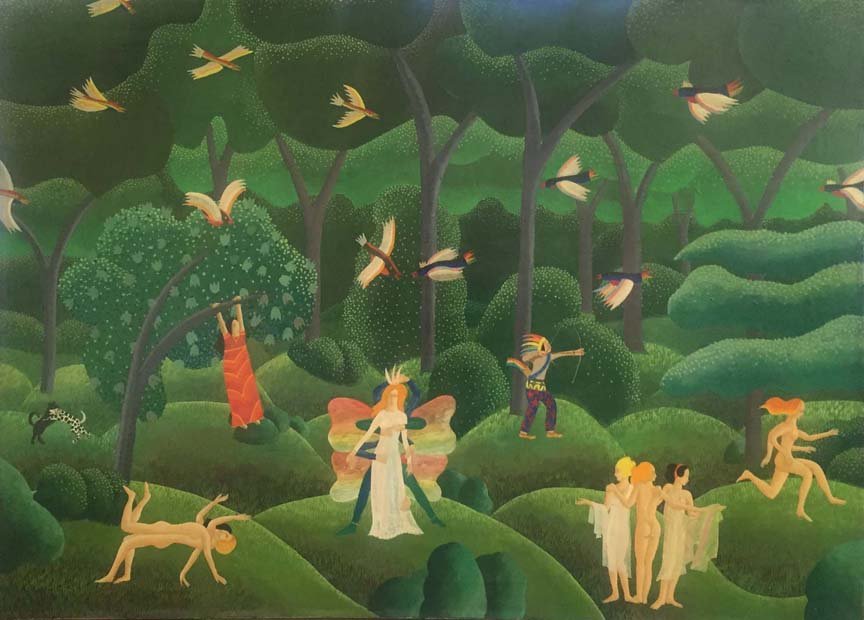 Thomas McKnight surrealist painting: Artist: Thomas McKnight (American, b.1941) Title: "Glade" Medium: Oil on canvas Size: 36" x 50" (91 x 127 cm) Date: 1980 circa
