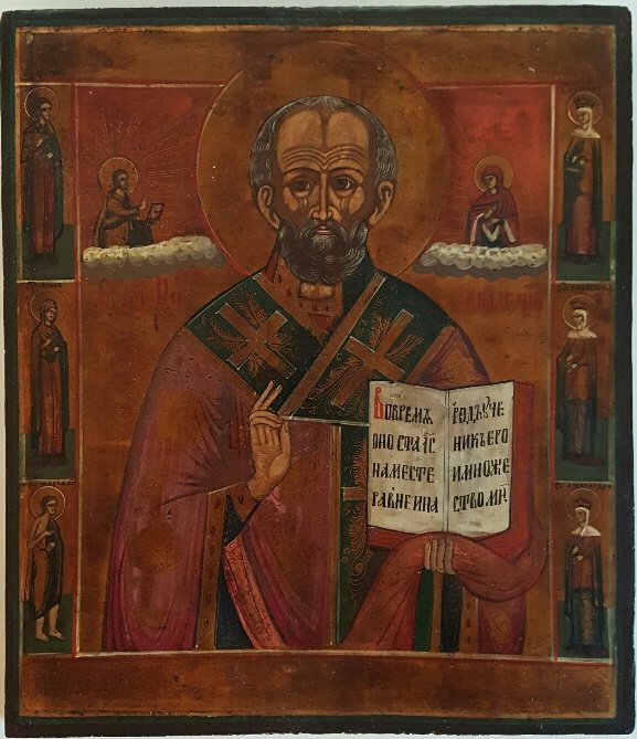 Antique Russian Icon Nicholas Wonderworker with six (1 of 4)