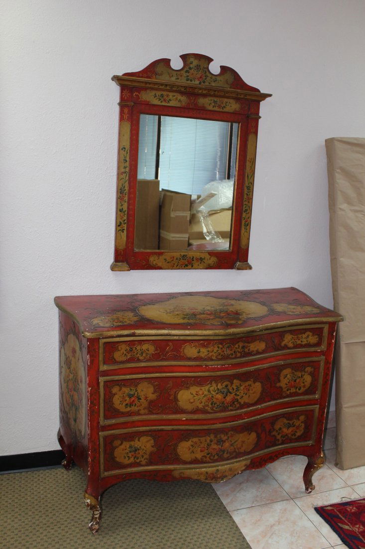 Italian Antique 19th century painted commode: La Dolce Vita Glamour! Original antique 1800's Italian commode in painted red lacquer with matching mirror. Probably Florentine. Size: 50" wide x 23" deep. 76" high with mirror, overall height. Except