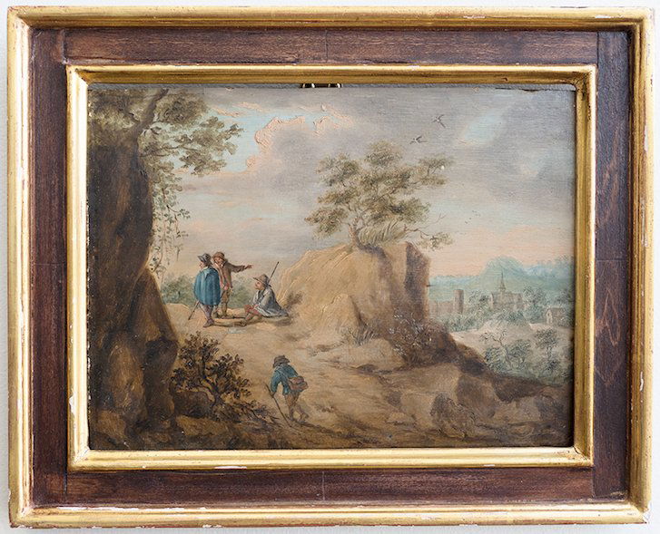 Old Master Flemish landscape Teniers style: Artist: Manner of Teniers Title: (Travelers on a Road, a Town in the Distance) Medium: Oil on panel Size: 7 3/8 x 9 3/4 inches (18.7 x 4.8 cm) Date: 17th century