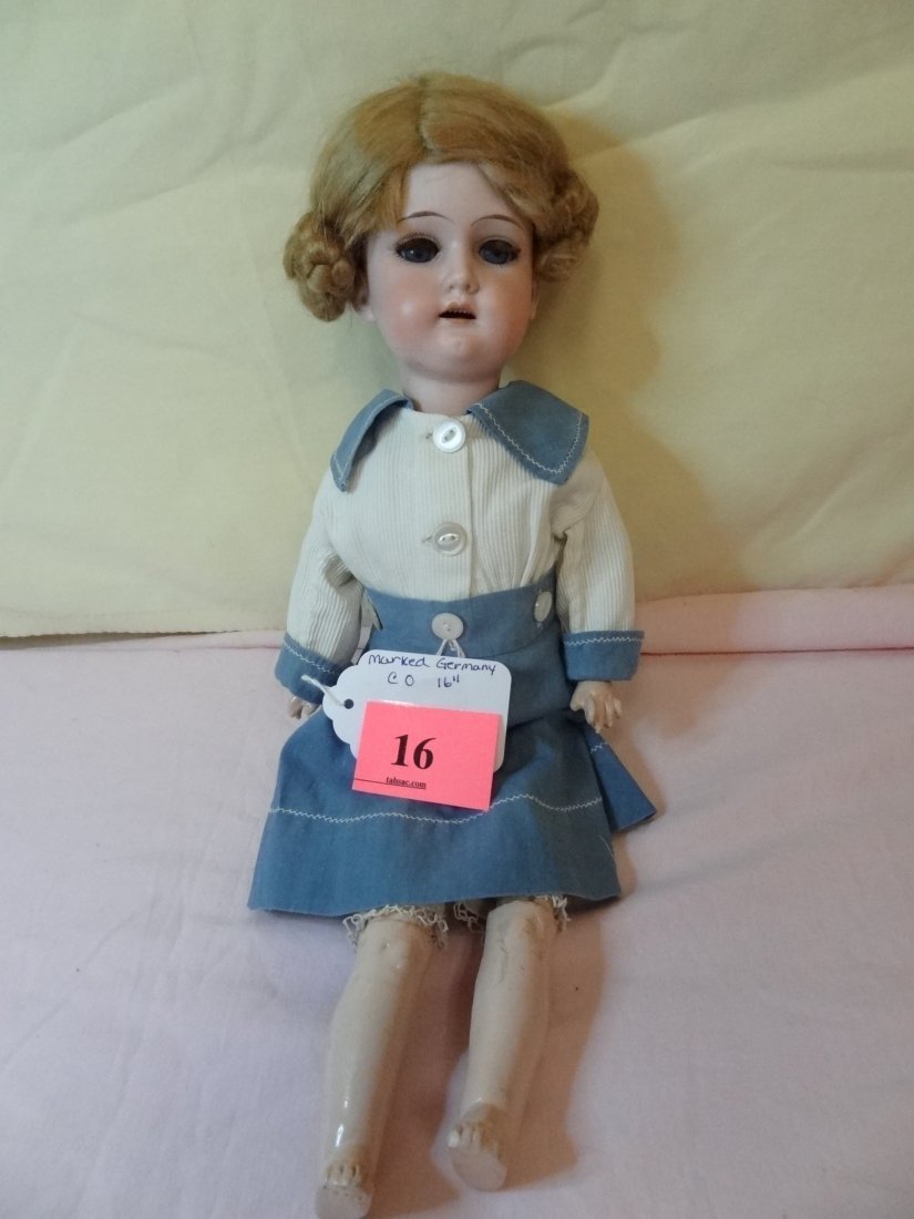 16'' BISQUE HEAD DOLL, SLEEPY BLUE GLASS EYES, COMP: 16'' BISQUE HEAD DOLL, SLEEPY BLUE GLASS EYES, COMPOSITION BODY, JOINTED, OPEN MOUTH, WIG UNATTACHED, WAGGING TONGUE MARKED GERMANY C. O.