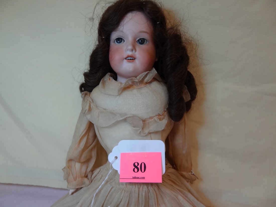 20'' 'GERMANY 370' BISQUE HEAD, BROWN HAIR, GREYISH: 20'' 'GERMANY 370' BISQUE HEAD, BROWN HAIR, GREYISH BLUE EYES OPEN MOUTH, COMPOSITION HANDS, KID BODY, CLOTH LOWER LEGS AND FEET.