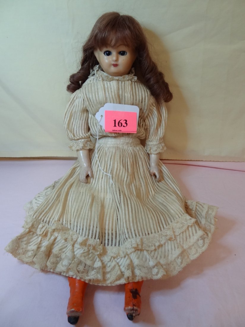 20'' PLASTIC HEAD AND LEGS, COMPOSITION ARMS, CLOT: 20'' PLASTIC HEAD AND LEGS, COMPOSITION ARMS, CLOTH BODY, BROWN HAIR, BROWN SLEEPY GLASS EYES, ORANGE PAINTED BOOTS SHOWS SOME WEAR, NO VISABLE MARKS