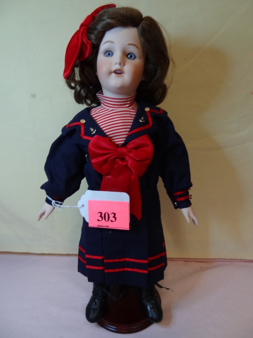 16'' SAILOR GIRL DOLL BROWN HAIR, BLUE GLASS EYES,: 16'' SAILOR GIRL DOLL BROWN HAIR, BLUE GLASS EYES, OPEN MOUTH, BISQUE HEAD AND LIMBS, SOFT BODY,MARKED ''0/M MB1''