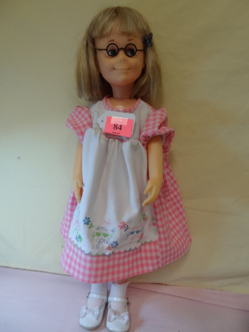 1961 CHARMIN' CHATTY MATTEL 24'' DOLL, SOFT PLASTIC: 1961 CHARMIN' CHATTY MATTEL 24'' DOLL, SOFT PLASTIC HEAD, HARD PLASTIC BODY AND LIMBS, BLONDE HAIR, BLUE SLEEPY EYES. PULL STRING IN TACT, DOLLS VOICE ISN'T CLEAR.