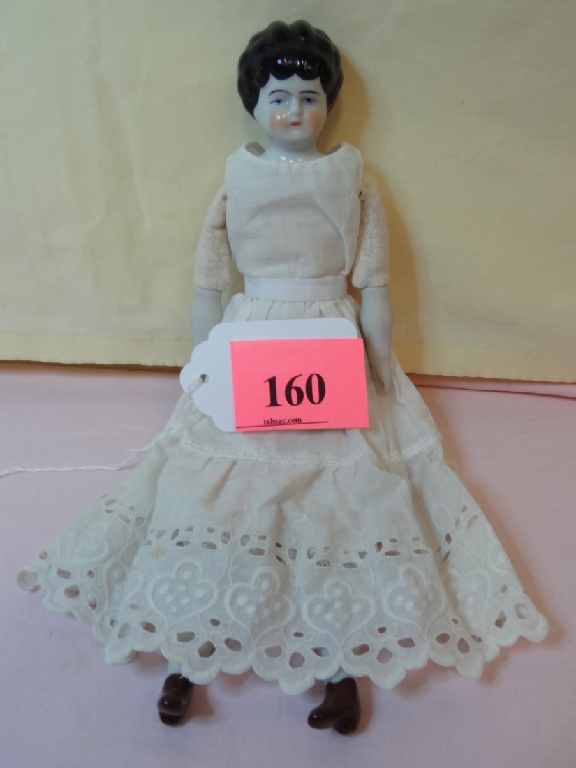 11'' OLD CHINA HEAD, BISQUE LIMBS, CLOTH BODY, PAI: 11'' OLD CHINA HEAD, BISQUE LIMBS, CLOTH BODY, PAINTED BLACK HAIR, PAINTED BLUE EYES, PAINTED BROWN BOOTS, NO VISIBLE MARKS