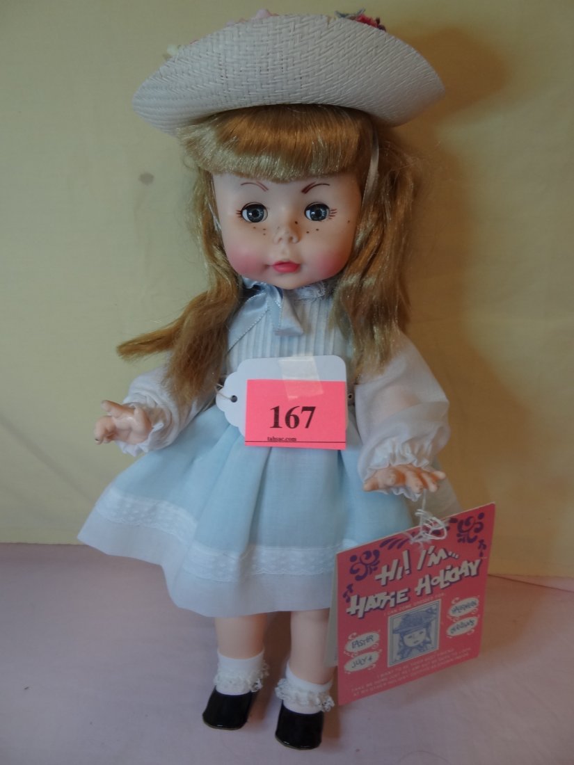 14'' EFFANBEE EASTER HATTIE HOLIDAY, RUBBER HEAD,: 14'' EFFANBEE EASTER HATTIE HOLIDAY, RUBBER HEAD, PLASTIC BODY, MOVABLE ARMS AND LEGS, ADORABLE OUTFIT, SLEEP BLUE GLASS EYES, BLONDE HAIR, TAG INCLUDED