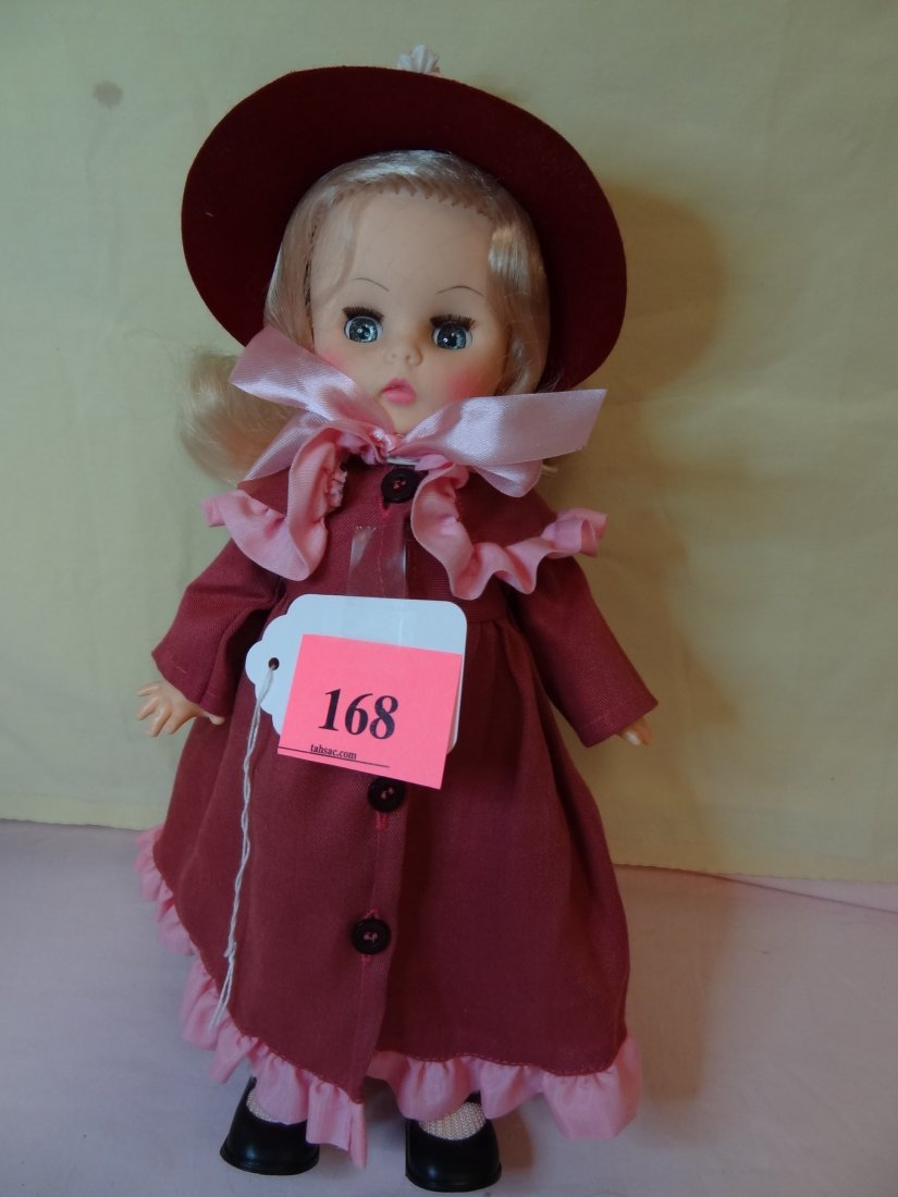 12'' IRENE SZOR DESIGNER WITH KATE GREENAWAY INSPI: 12'' IRENE SZOR DESIGNER WITH KATE GREENAWAY INSPIRED COSTUME, MATCHING HAT AND COAT, PLASTIC DOLL WITH MOVABLE ARMS AND LEGS, BLONDE HAIR, BLUE GLASS EYES, LIKE NEW, NO VISABLE MARKS