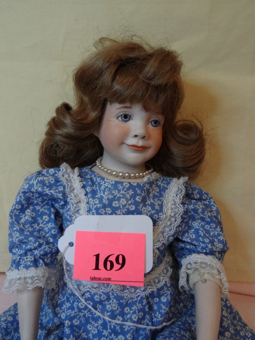 17'' BISQUE HEAD,ARMS AND LEGS, CLOTH BODY, LIGHT: 17'' BISQUE HEAD,ARMS AND LEGS, CLOTH BODY, LIGHT BROWN HAIR, BLUE PAINTED EYES, PAINTED BROWN BOOTS, FAUX PEARLS, MARKED ''KATHLENE RENE'' ON CHEST ''1976 MAGGIE HEAD KANES''