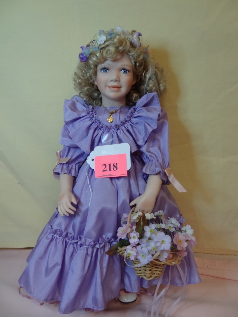 17'' ''MELANIE'' JENNIFER ESTBAN 2735A 1993 HAMILT: 17'' ''MELANIE'' JENNIFER ESTBAN 2735A 1993 HAMILTON COLLECTION DOLL, BISQUE HEAD AND LIMBS, SOFT BODY, BLONDE HAIR, BLUE GLASS EYES, ADORABLE COSTUME WITH FLORAL FLOWERS AND HAND BASKET