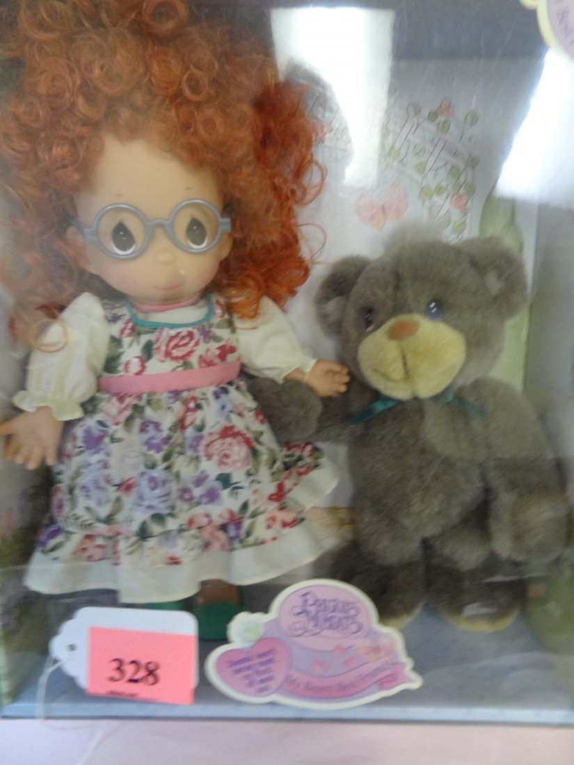 12'' PRECIOUS MOMENTS ''MY BEARY BEST FRIEND'' RUB: 12'' PRECIOUS MOMENTS ''MY BEARY BEST FRIEND'' RUBBER DOLL, NEW IN BOX, RED HAIR, BROWN PAINTED EYES, ADORABLE DRESS WITH BEAR, 1998