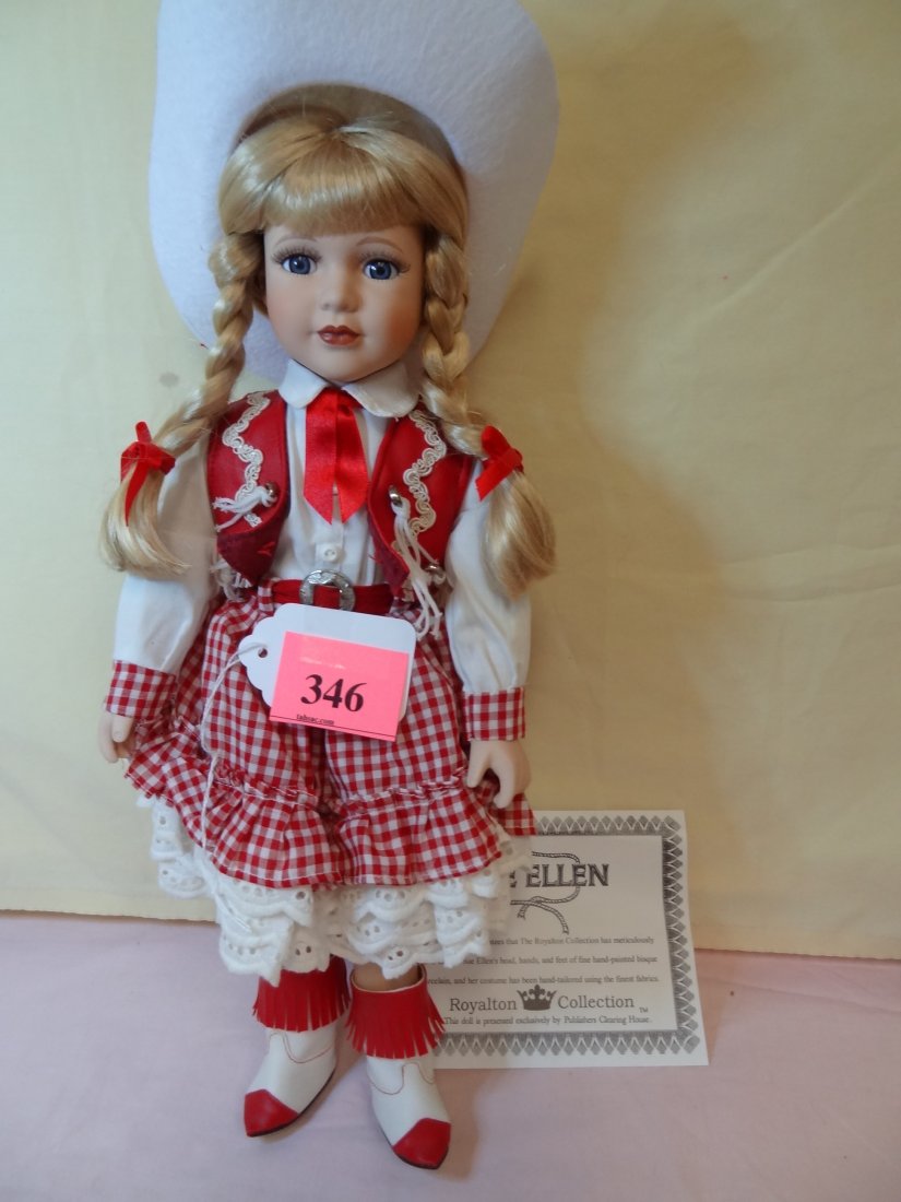 17'' ''SUE ELLEN'' FROM ROYALTON COLLECTION, BISQU: 17'' ''SUE ELLEN'' FROM ROYALTON COLLECTION, BISQUE HEAD, AND LIMBS, CLOTH BODY, BLUE GLASS EYES, BLONDE HAIR, COWGIRL OUTFIT AND HAT, NEW IN BOX WITH COA