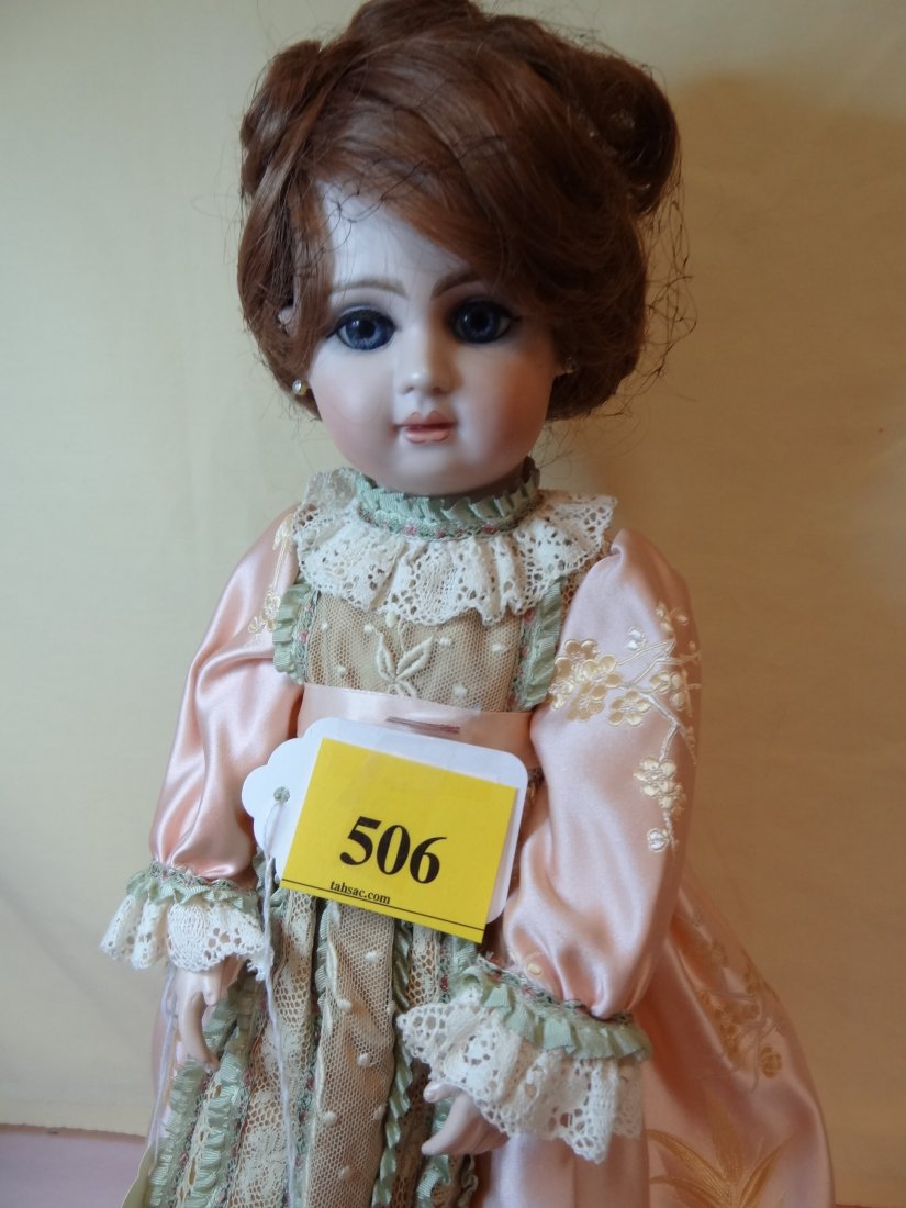 19'' JUMEAU REPRODUCTION DOLL MADE IN 1983 BY SUSA: 19'' JUMEAU REPRODUCTION DOLL MADE IN 1983 BY SUSAN DUNHAM ATTACHED TAG INDICATES ''EYES PAPER WEIGHT'' BISQUE HEAD COMPOSITION BODY AND LIMBS, RED HAIR, BIG BLUE GLASS EYES, LONG EYELASHES, RHINESTON