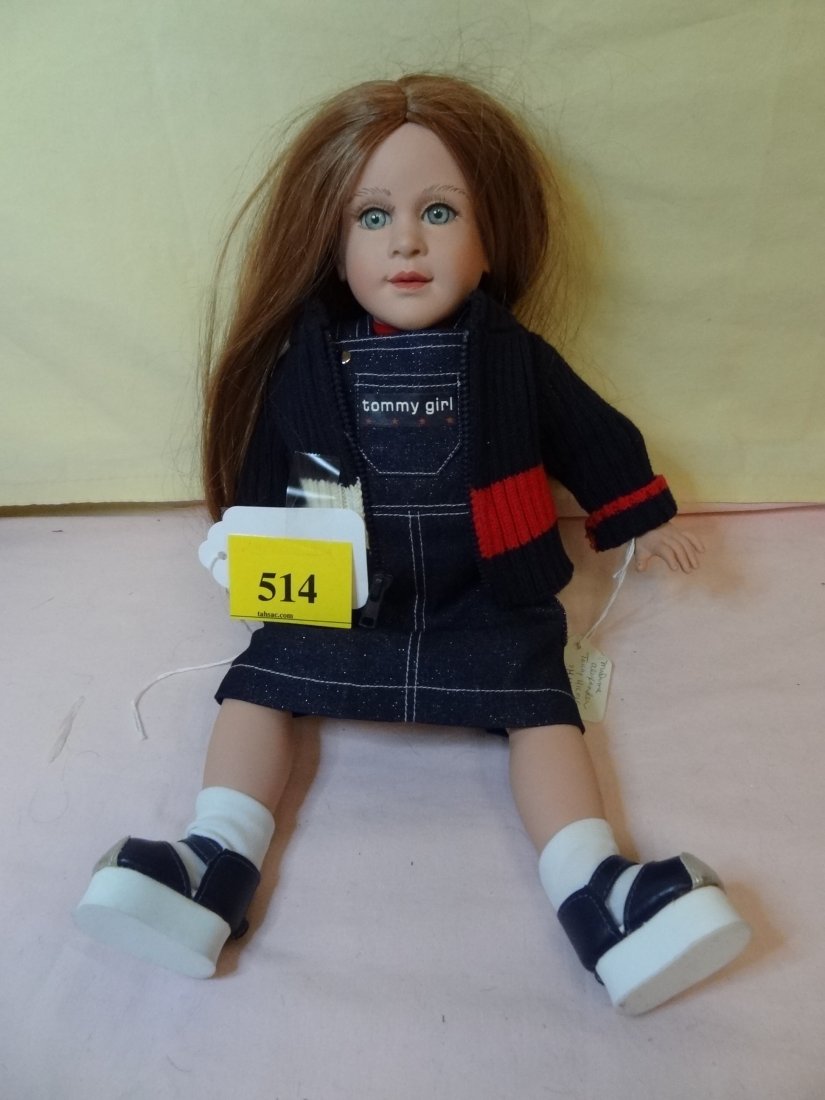 16'' MADAME ALEXANDER ''HANNAH'' TOMMY HILFIGER WA: 16'' MADAME ALEXANDER ''HANNAH'' TOMMY HILFIGER WARDROBE, PLASTIC DOLL, MOVABLE LIMBS AND JOINTS, LONG RED HAIR, GREEN GLASS EYES, NOT ORIGINAL BOX, MARKED ''ALEXANDER''