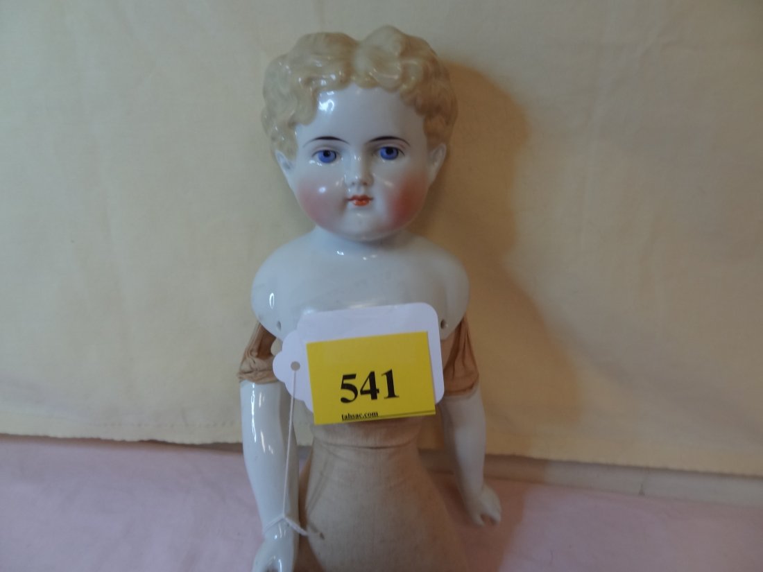 20'' CHINA HEAD DOLL, CHINA HANDS AND FEET, SOFT C: 20'' CHINA HEAD DOLL, CHINA HANDS AND FEET, SOFT CLOTH BODY WITH PATCH ON LEG, BLONDE PAINTED HAIR WITH BLUE EYES, BLACK PAINTED BOOTS, #784*8