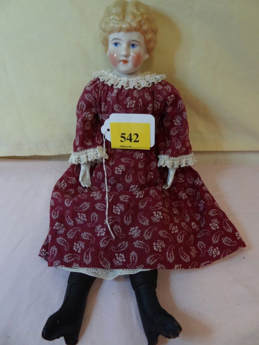 16'' CHINA HEAD DOLL, SOFT CLOTH BODY AND LEGS, CH: 16'' CHINA HEAD DOLL, SOFT CLOTH BODY AND LEGS, CHINA ARMS, BLONDE PAINTED HAIR, BLUE PAINTED EYES, ROSE CHEEKS, BLACK CLOTHE BOOTS, BURGUNDY PRINT DRESS WITH WHITE TRIM, MARKED 220 MORE UNREADABLE MA