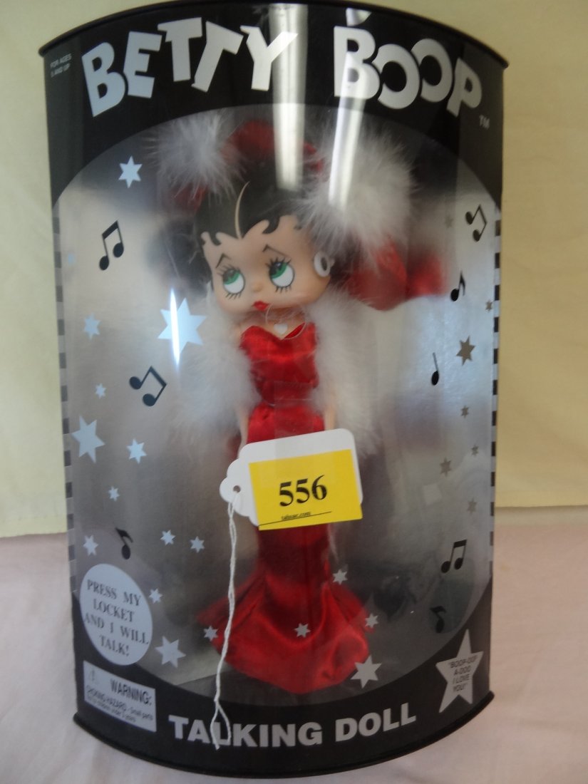 12'' BETTY BOOP MIB TALKING DOLL, PLASTIC, ''1998 : 12'' BETTY BOOP MIB TALKING DOLL, PLASTIC, ''1998 KING FEATURES SYNDICATE'', POSABLE BODY, MOVEABLE ARMS, RED SATIN DRESS WITH WHITE FAUX FUR SCARF AND MATCHING RED HAT WITH FAUX FUR TRIM