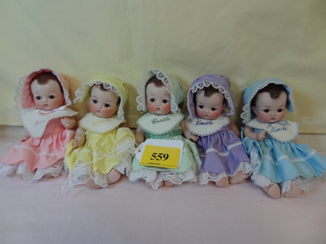 (5) 8'' MOLDED ALL BISQUE DOLLS BY ASHTON-DRAKE '': (5) 8'' MOLDED ALL BISQUE DOLLS BY ASHTON-DRAKE ''YVONNE'' ''EMILE'' ''ANNETTE'' ''MARIE'' AND ''CECILE'' ALL 5 OF THE DIONNE QUINTS IN THERE OWN NUMBERED BOXES (NEVER BEEN PLAYED WITH)