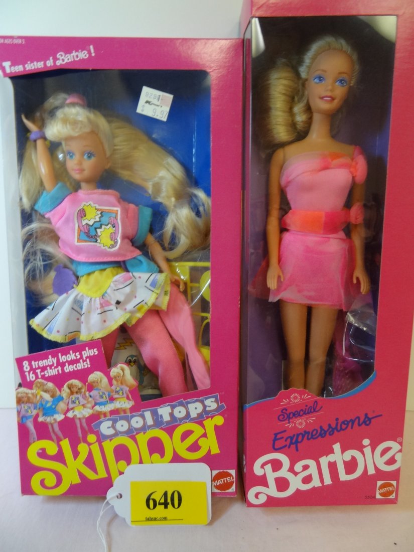 TWO MATTEL DOLLS ONE BARBIE AND HER SISTER SKIPPER: TWO MATTEL DOLLS ONE BARBIE AND HER SISTER SKIPPER, BOTH MINT IN BOX, SKIPPER ''COOL TOPS'' HAS 8 TRENDY LOOKS PLUS 16 T-SHIRT DECALS, BLONDE HAIR PAINTED BLUE EYES, BARBIE ''SPECIAL EXPRESSIONS'' A W