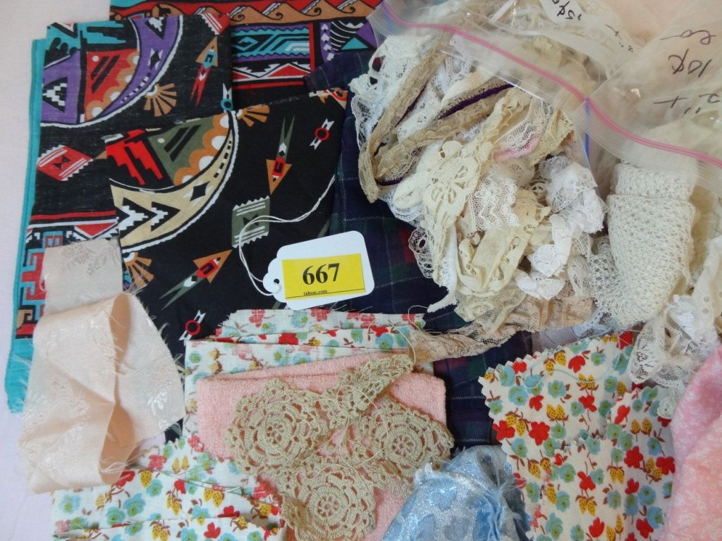 BOX LOT OF DOLL CLOTHES MATERIAL, TWO BAGS FULL: BOX LOT OF DOLL CLOTHES MATERIAL, TWO BAGS FULL OF ANTIQUE AND VINTAGE LACE AND TRIM, MAINLY COTTON MATERIALS, SATIN, 1960S STYLE PATTERNS, AMERICAN NATIVE PATTERN
