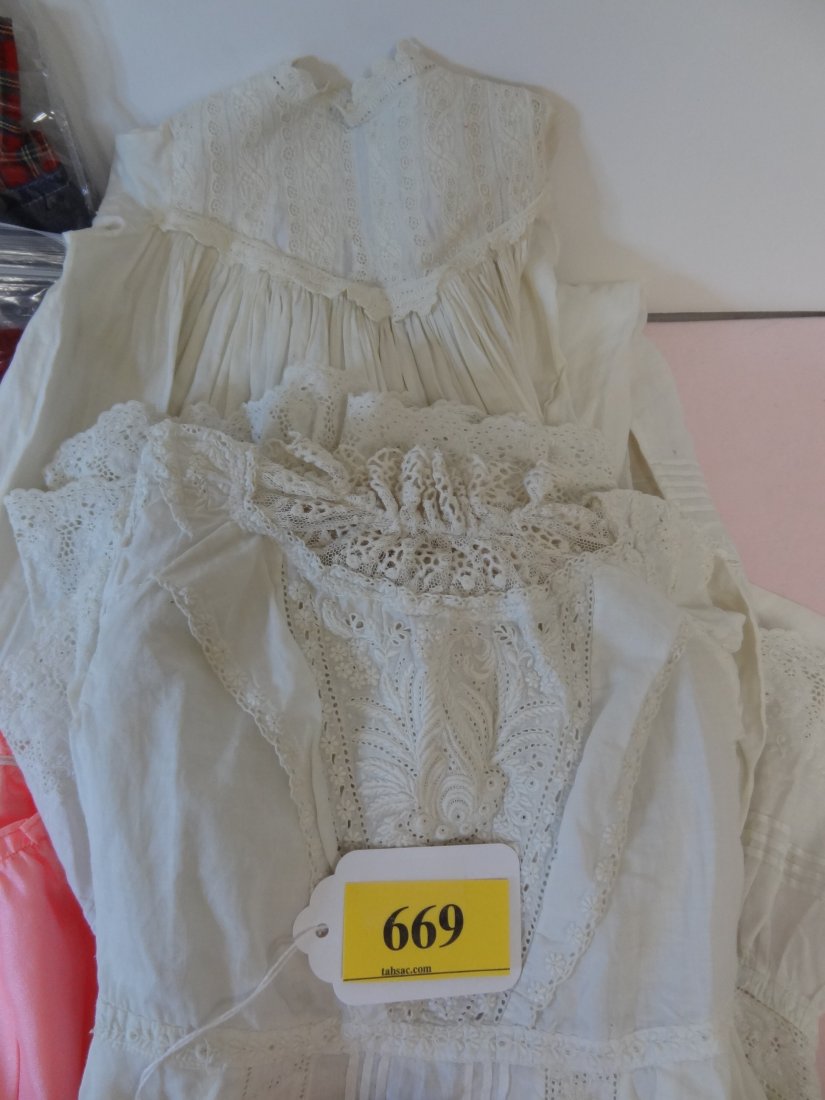 MIXTURE LOT OF 14 DOLL CLOTHES AND ACCESSORIES 44': MIXTURE LOT OF 14 DOLL CLOTHES AND ACCESSORIES 44'' LONG CHRISTENING GOWN, 28'' LONG PETTICOAT, LARGE DOLL SIZE 16'' LONG PETTICOAT, SWEET LITTLE GREEN DRESS, LACE COLLARS, ONE COMPLETE DENIM OUTFIT, 