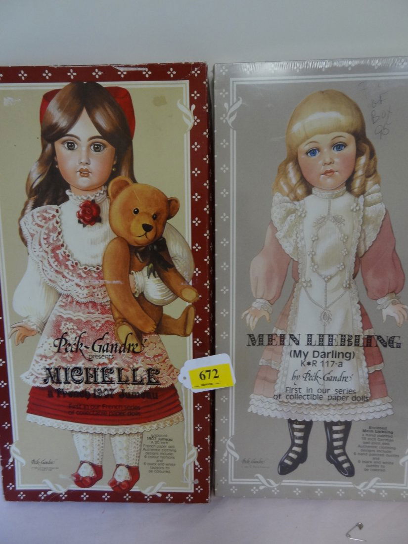 BOX LOT OF TWO PECK-GANDRE PAPERDOLL KITS. FIRST P: BOX LOT OF TWO PECK-GANDRE PAPERDOLL KITS. FIRST PAPERDOLL IS 20'' FRENCH 'MICHELLE' WITH AUTHENTIC 1907 JUMEAU CLOTHING DESIGNS THAT INCLUDE 6 COLOUR FASHIONS AND 6 BLACK AND WHITE FASHIONS TO BE COL