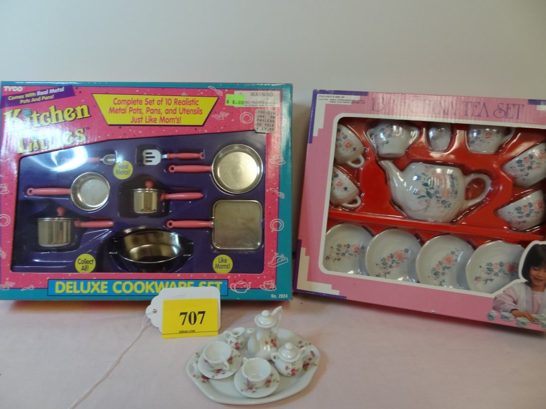 THREE SETS OF CHILDREN'S KITCHENWARE AND CHINA SET: THREE SETS OF CHILDREN'S KITCHENWARE AND CHINA SET, 13 PIECE CHINA TEA SET NEW IN BOX, 10 REALISTIC METAL POTS AND PANS NEW IN BOX, 10 PIECE CHINA TEA COMES WITH ORIGINAL BOX