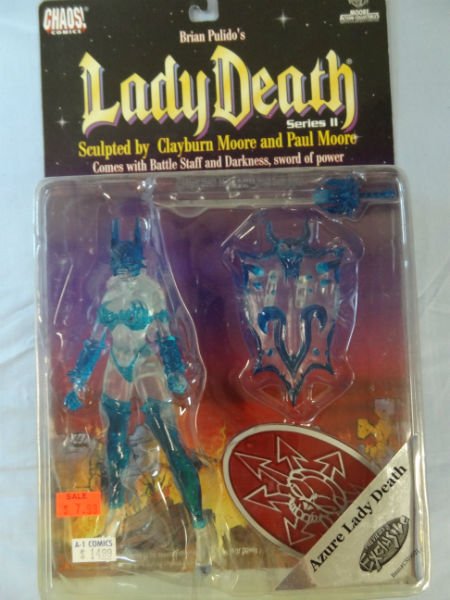 BRIAN PULIDO'S 'LADY DEATH SERIES II'' A 7'' ACTION FIG: BRIAN PULIDO'S 'LADY DEATH SERIES II'' A 7'' ACTION FIGURE. ''AZURE LADE DEATH'' CHAOS! COMICS AND MOORE ACTION COLLECTIBLES. RECOMMENDED FOR MATURE COLLECTORS AGES 18+.