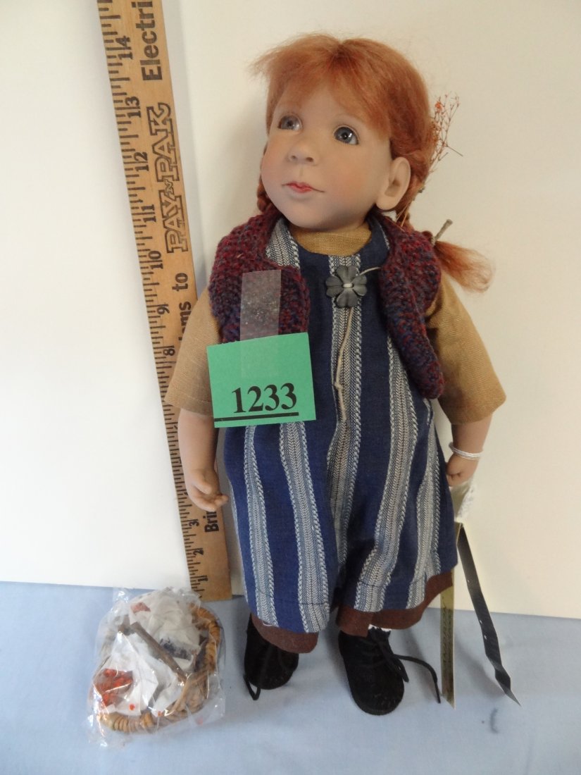 14.5'' ZWERGNASE DOLL, 'SANDRIJN' #90/250/2000. SANDRIJ: 14.5'' ZWERGNASE DOLL, 'SANDRIJN' #90/250/2000. SANDRIJN HAS RED MOHAIR HAIR, BLUE GLASS EYES, VINYL HEAD, SHOULDER PLATE, ARMS AND LEGS, KID BODY, LEATHER SHOES, KNITTED VEST AND NICE DRESS AND PANTA