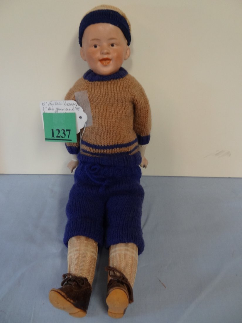 15'' BISQUE GERMAN BOY DOLL - MOLDED BISQUE HEAD AND HA: 15'' BISQUE GERMAN BOY DOLL - MOLDED BISQUE HEAD AND HANDS, KID BODY AND LEGS, SIGNED '3/GERMANY' 'GREEN MARK 48'. SWEET KNITTED SWEATER AND TIE-AT-WAISTE KNICKERS, BROWN NYLON LEGGINGS, LEATHER SHOES