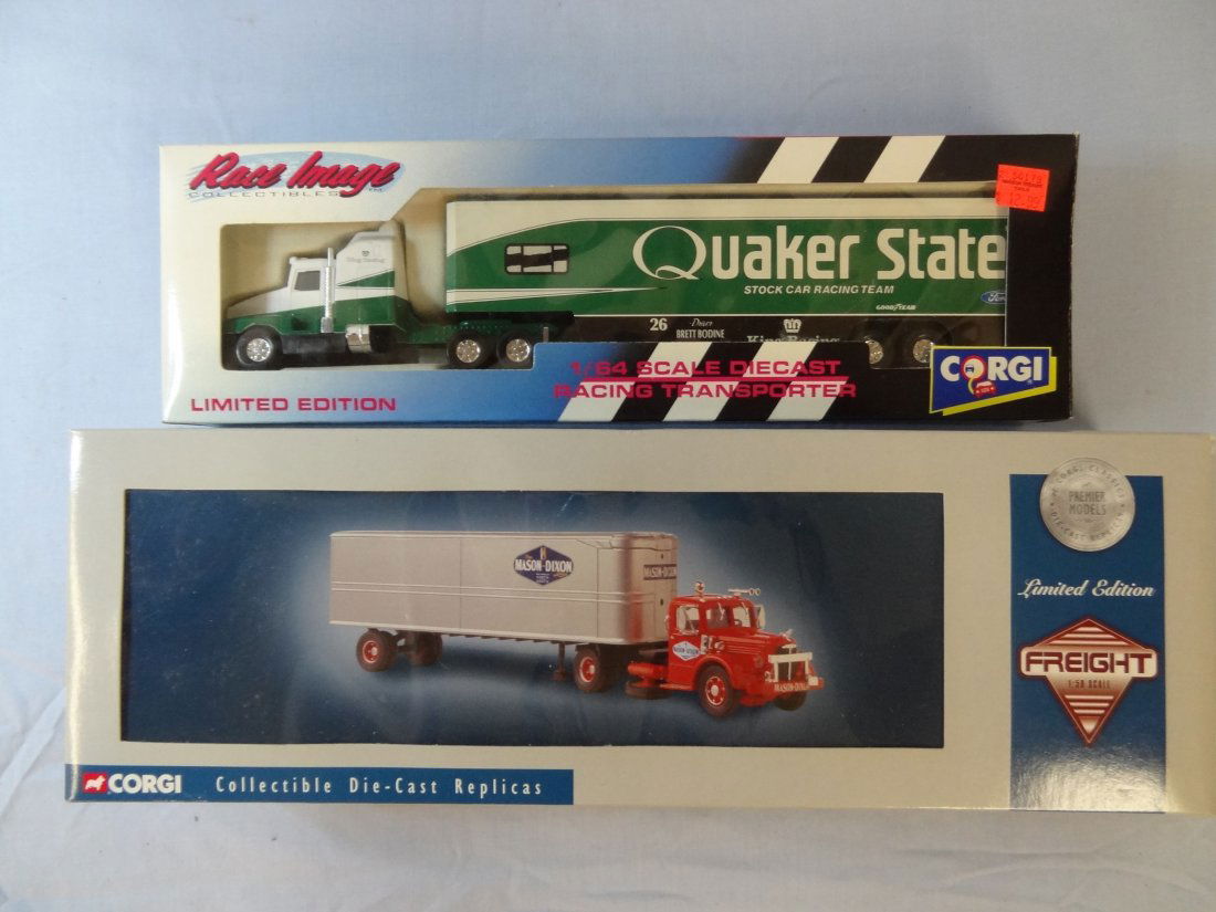 TWO CORGI COLLECTIBLE DIE CAST REPLICA 1/64 SCALE QUAKE: TWO CORGI COLLECTIBLE DIE CAST REPLICA 1/64 SCALE QUAKER STATE STOCK CAR RACING TEAM TRANSPORTER AND 1/50 SCALE MADON-DIXON TRUCK AND TRAILER. NEW IN BOX.