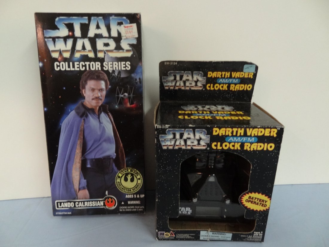 STAR WARS DARTH VADER AM/FM CLOCK RADIO BATTERY OPERATE: STAR WARS DARTH VADER AM/FM CLOCK RADIO BATTERY OPERATED, 1995 MICRO GAMES OF AMERICA AND STAR WARS COLLECTOR SERIES LANDO CALRISSIAN, 1996 HASBRO, INC. AGES 5 AND UP.