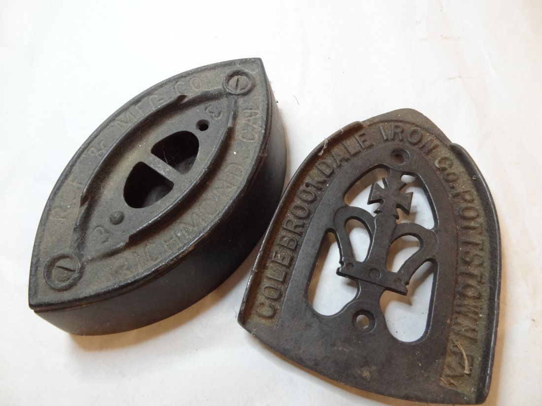 SAD IRON WITH TRIVET. R F & MFG CO. RICHMOND, CAL SAD I: SAD IRON WITH TRIVET. R F & MFG CO. RICHMOND, CAL SAD IRON, NO HANDLE. TRIVET READS ''COLEBROOKDALE IRON CO. POTTSTOWN, PA''
