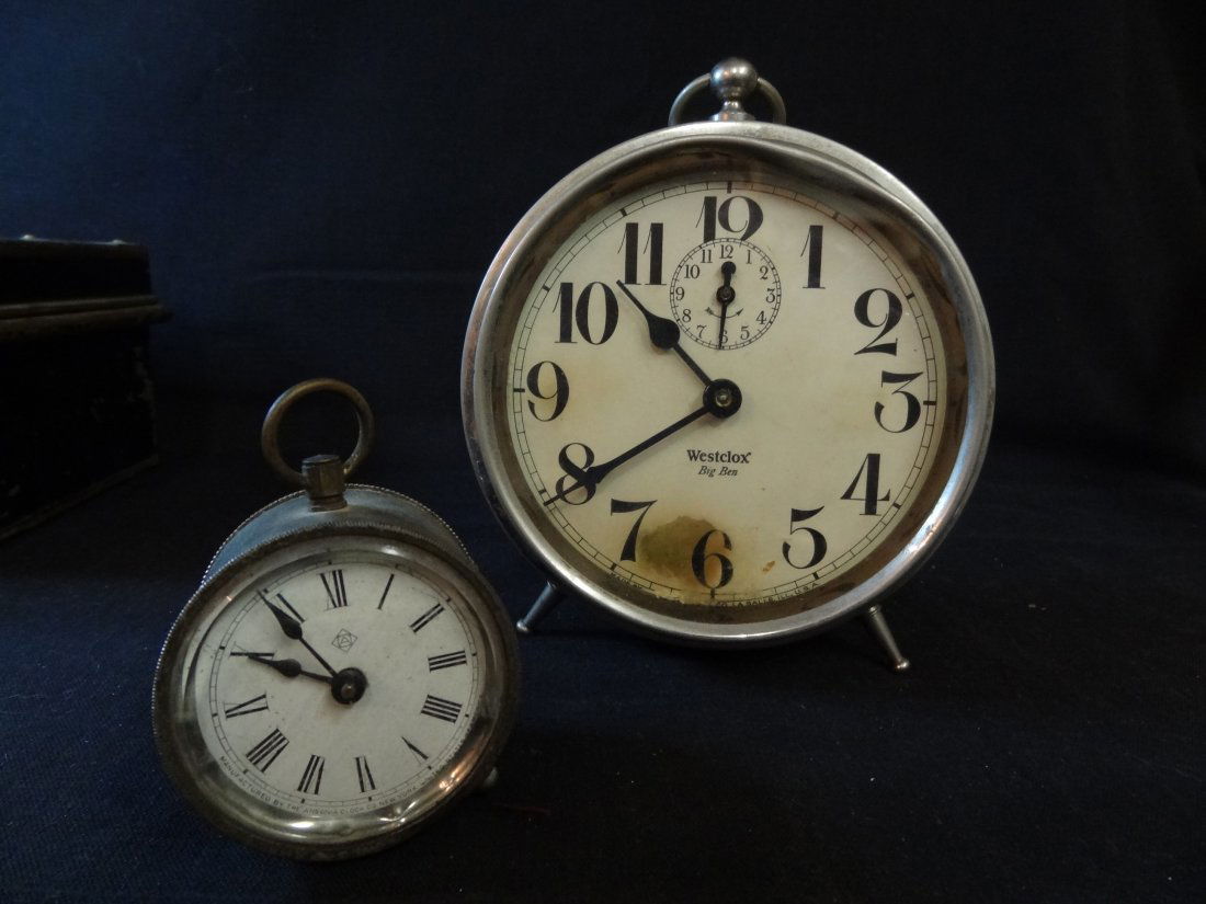 TWO VINTAGE ALARM CLOCKS: 1) WESTCLOX BIG BEN ALARM CLO: TWO VINTAGE ALARM CLOCKS: 1) WESTCLOX BIG BEN ALARM CLOCK, 5.25'' IN DIAMETER, GOOD CONDITION EXCEPT FOR SOME DISCOLORATION ON INSIDE OF THE FACE AND TOP OF FRAME IS BENT. 2) SMALL ALARM CLOCK IS MARK