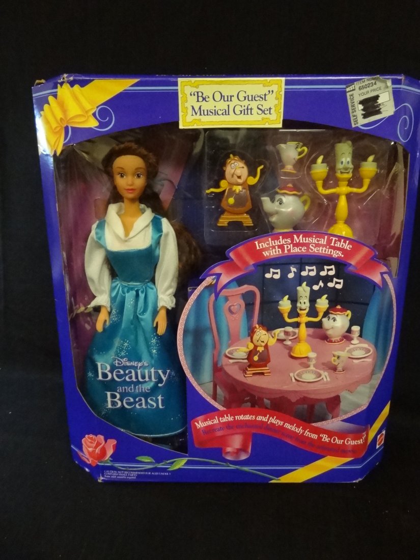 BELLE AND DISNEY'S BEAUTY AND THE BEAST ''BE OUR GUEST : BELLE AND DISNEY'S BEAUTY AND THE BEAST ''BE OUR GUEST MUSICAL GIFT SET'', INCLUDES MUSICAL TABLE AND PLACE SETTINGS, 1993 MATEL, INC. 11'' DOLL, MINT IN BOX.