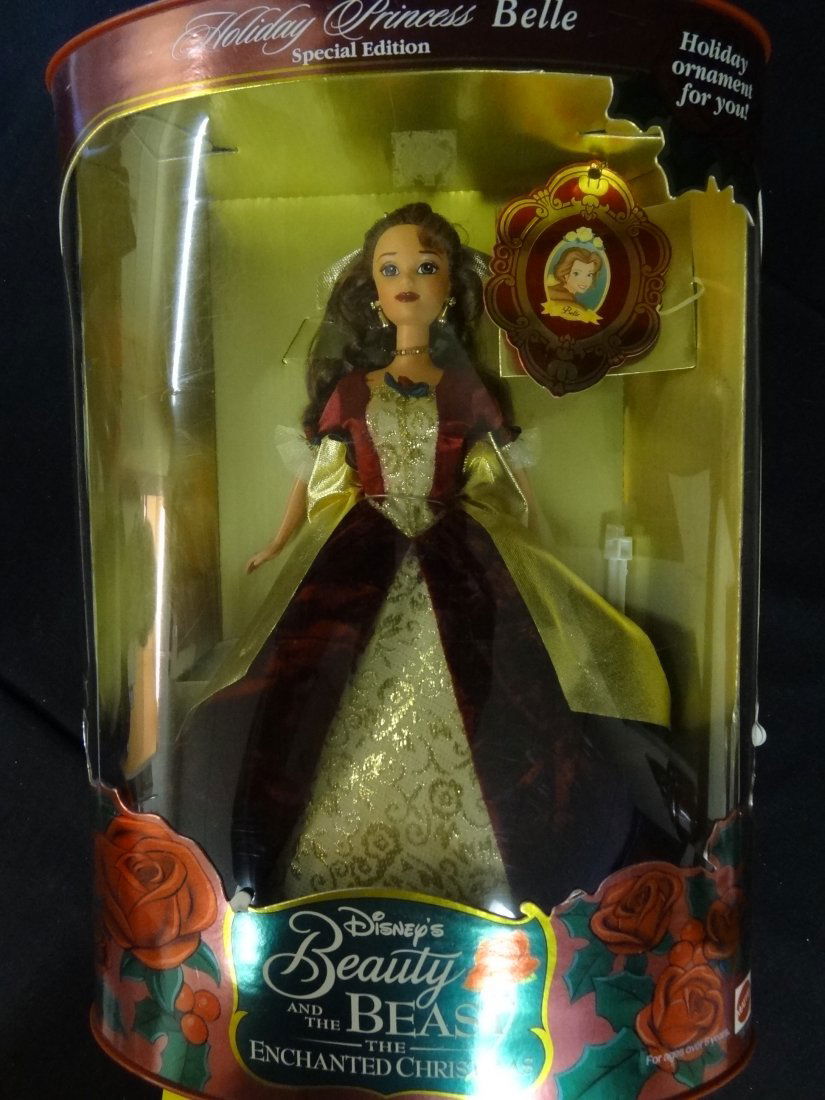 HOLIDAY PRINCESS BELLE, DISNEY'S BEAUTY AND THE BEAST, : HOLIDAY PRINCESS BELLE, DISNEY'S BEAUTY AND THE BEAST, THE ENCHANTED CHRISTMAS, INCLUDES HOLIDAY ORNAMENT. AGES 6+, 11'' DOLL, MINT IN BOX.