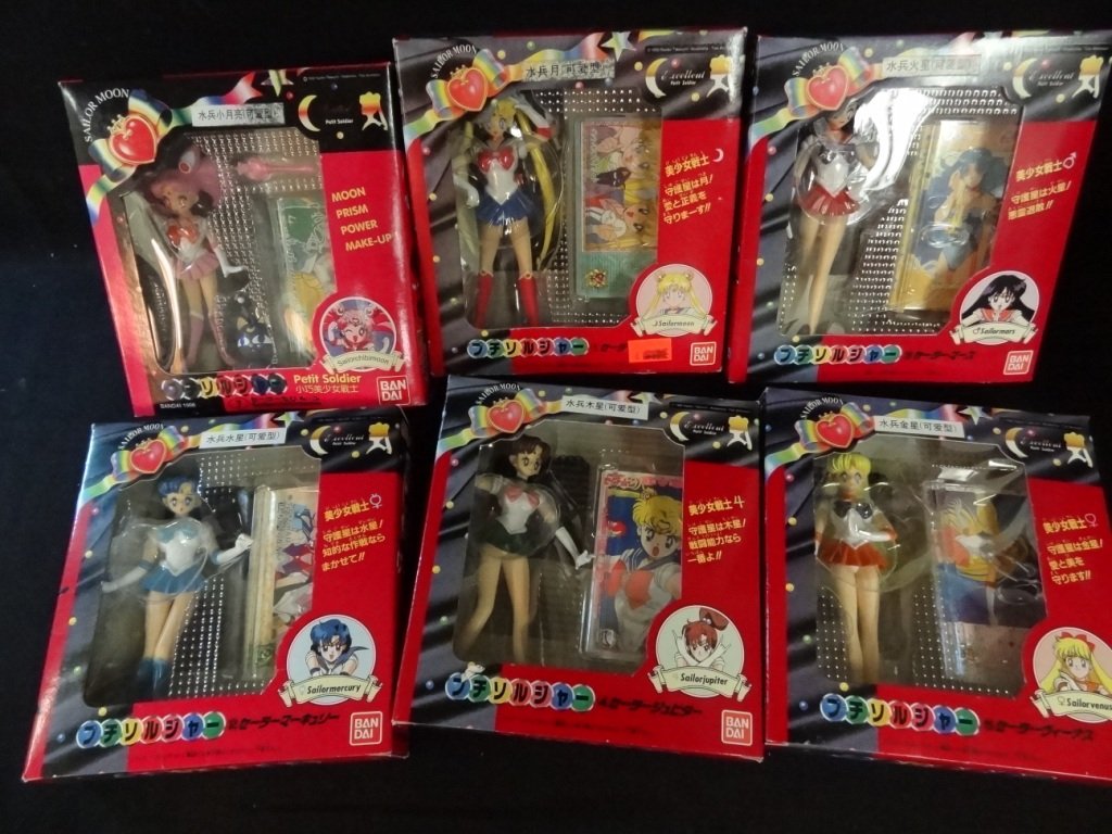 SIX PETIT SOLDIER SAILOR MOON ACTION FIGURES, ALL 5'' D: SIX PETIT SOLDIER SAILOR MOON ACTION FIGURES, ALL 5'' DOLLS, SAILOR MERCURY, SAILOR CHIBIMOON, SAILOR JUPITOR, SAILOR MOON, SAILOR MARS, AND SAILOR VENUS, 1992 NAOKO TAKEUCHI/KODANSHA TOEI ANIMATION, 