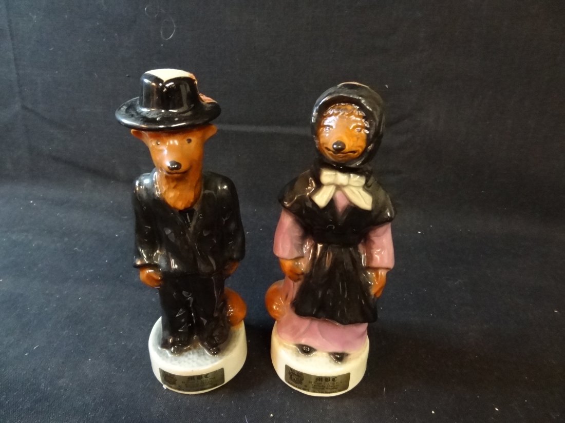 TWO VINTAGE LIMITED EDITION MINIATURE LIQUOR BOTTLES ST: TWO VINTAGE LIMITED EDITION MINIATURE LIQUOR BOTTLES STAMPED JOE KAUFENBERG, 6 1/2'' TALL, GOOD CONDITION.